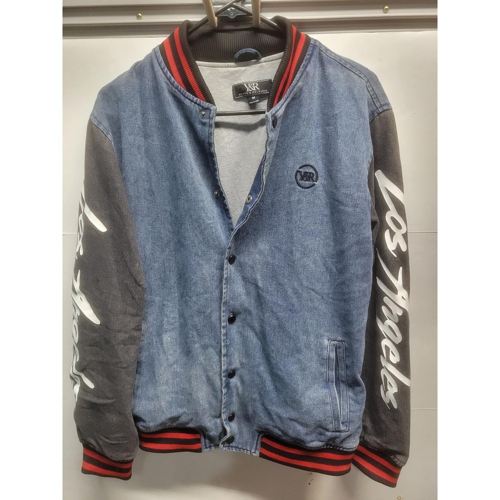 Young & Reckless Mens Varsity Jacket Blue Denim Los Angeles Graphic Sleeve M